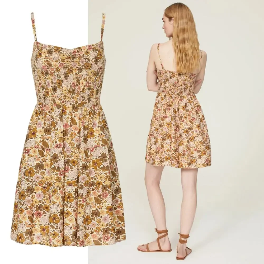 NEW Madewell Tucker Tie Strap Lucie Mini Dress Beige Floral XS Bloomcore Scandi